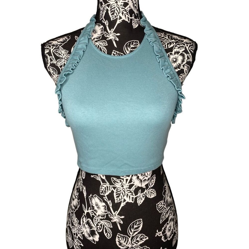 Zara Halter Ruffle Ribbed Crop Tank Blue Coquette Stretch Knit Top Juniors M